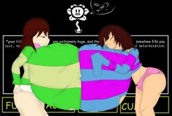 2girls bottomless breast_to_breast brown_hair chara flowey_the_flower frisk huge_breasts massive_breasts multiple_girls red_eyes thebestultrahiper toby_fox undertale