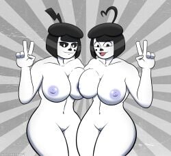 2girls :3 alternate_version_at_source alternate_version_available big_breasts black_hair bonbon_(derpixon) chuchu_(derpixon) cleavage fanart female_focus female_only mime mime_and_dash mime_girl multiple_girls naked naked_female nipples nude nude_female pubic_hair self_upload short_hair supermilkman thick_thighs twins wide_hips