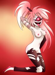 1girls armpits blushing breasts cherri_bomb cyclops demon_girl female female_only freckles hazbin_hotel long_hair looking_at_viewer lucariauna navel nipples nude nude_female pink_hair ponytail smooth_skin solo tongue_out torn_pantyhose torn_thighhighs vivienne_medrano