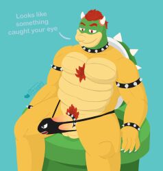 accessory anthro bara barazoku big_(disambiguation) big_pecs big_penis body_hair bowser bracelet bulge bullet_bill_underwear chest_hair clothing cock_ring collar dragon father genitals hi_res humanoid jewelry king koopa looking_at_genitalia looking_at_penis looking_down male male/male male_only mario_(series) muscular nintendo parent pecs penis penis_accessory penis_jewelry privon pubes royalty scalie shell smile solo spiked_bracelet spiked_collar spikes super_mario_bros. thick_thighs thong underwear video_games