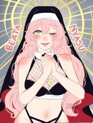 big_breasts black_cape breasts elitecraft embarrassed female female_focus lakshart lakshart_nia lips long_hair looking_at_viewer naked_female nun pink_hair simple_background twitch youtube youtube_hispanic youtuber youtuber_girl