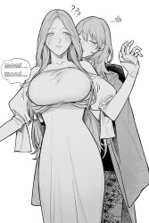 2girls ? ?? bangs blush breast_grab breasts byleth_(fire_emblem) byleth_(fire_emblem)_(female) cape closed_eyes commentary_request double_breast_grab dress english_text female female_only fire_emblem fire_emblem:_three_houses garreg_mach_monastery_uniform grabbing greyscale hair_between_eyes ikarin jewelry large_breasts long_hair long_sleeves milf mommy_kink monochrome multiple_girls nintendo older_female pantyhose parted_lips rhea_(fire_emblem) ring simple_background sound_effects sweat text yuri