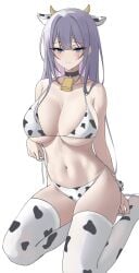 animal_ears animal_print bell bikini biya black_choker blue_eyes blush breasts choker cow_ears cow_horns cow_print cowbell eyebrows_visible_through_hair female foot_out_of_frame highres horns kneeling large_breasts long_hair looking_at_viewer neck_bell original print_legwear purple_hair side-tie_bikini simple_background solo straight_hair sweatdrop swimsuit thighhighs unfinished very_long_hair white_background wrist_cuffs yuna_(biya)