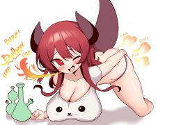 1girls actfourteen big_breasts blue_panties blush burping cleavage demon_girl fart fart_cloud fart_fetish farting grabbing_own_ass horns nipples_visible_through_clothing one_eye_closed open_mouth panties red_eyes red_hair solo_female tail tongue_out