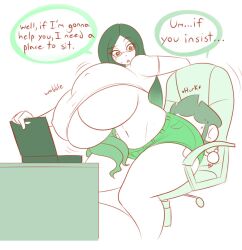1boy 1girls 2014 big_breasts breasts chair computer curvaceous curvy dialogue english english_text female glasses huge_breasts large_breasts larger_female long_hair male nipple_bulge shorts sitting sitting_on_person size_difference smaller_male speech_bubble text theycallhimcake thick_thighs thighs underboob voluptuous wobble