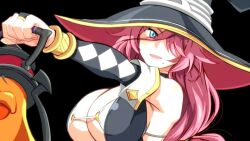 bikini_top blue_eyes cleavage epic7 hair_over_one_eye huge_breasts long_hair looking_at_viewer original_art pink_hair serila_(epic7) skimpy_clothes witch witch_hat