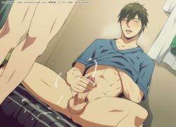 2boys abs balls bar_censor blush closed_eyes cum cumming ejaculation erection free! gay hand_under_shirt male/male male_focus male_only masturbation muscular muscular_male nanase_haruka_(free!) nukobaooo open_mouth orgasm penis sitting t-shirt tachibana_makoto tagme testicles toned toned_male yaoi