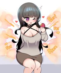 1girls actfourteen big_breasts black_hair blush cleavage fart fart_cloud fart_fetish farting female female_only heart one_eye_closed open_mouth purple_eyes sitting solo virtual_youtuber