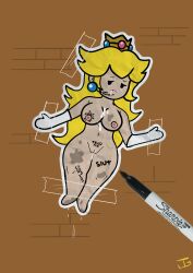 big_breasts blonde_hair body_writing bondage cum_in_mouth cum_in_pussy cum_leaking cum_on_breasts dripping_cum mario_(series) paper_mario paper_peach princess_peach sharpie tape tears wet