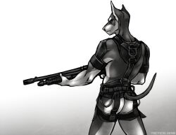 2019 anthro armor artist_name ass athletic athletic_anthro athletic_male biped bulletproof_vest canid canine canis clothed clothing countershade_arms countershade_butt countershade_face countershade_legs countershade_torso countershading digital_media_(artwork) dobermann domestic_dog frown fur gradient_background grey_body grey_fur greyscale gun harness holding_object holding_shotgun holding_weapon male mammal monochrome noronori partially_clothed pinscher ranged_weapon rear_view shotgun signature simple_background solo standing straps tacticalgear weapon white_background white_body white_countershading white_fur white_inner_ear