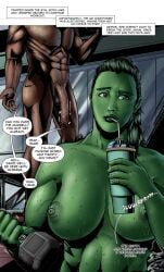 1girls abs absurd_res areolae avengers biceps big_breasts big_penis black_hair breasts busty comic comic_page dark-skinned_male dark_skin dialogue female female_focus flaccid flaccid_penis foreskin green-skinned_female green_eyes green_hair green_nipples green_skin hulk_(series) imminent_sex interracial large_breasts luke_cage male marvel marvel_comics mbahndolo muscles muscular muscular_female muscular_male nipples nude nude_female nudity pecs penis she-hulk speech_bubble sweat testicles text tied_hair uncut unseen_male_face veiny_muscles