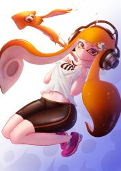 animal_humanoid anthro bright_pupils cephalopod cephalopod_humanoid female female_only headphones humanoid inkling inkling_girl kaori_(splatoon) long_hair looking_at_viewer mask_(marking) mr._cheko nintendo orange_eyes orange_hair orange_inkling_girl pointy_ears pseudo_hair shoes shorts splatoon splatoon_(series) squid t-shirt tentacle tentacle_hair white_background