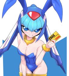 1girls blue_eyes bracelet breasts bunnysuit fairy_leviathan helmet licking_lips mega_man mega_man_zero navel solo thighhighs tongue zerokun135