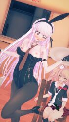 2girls 3d accidental_exposure assisted_exposure blush breasts breasts_out bunnysuit danganronpa embarrassed enf exposed_breasts female female_focus female_only junko_enoshima kirigiri_kyouko koikatsu nipples nude nude_female on_one_leg one_leg_up public public_nudity straight_hair ultimateenf wardrobe_malfunction