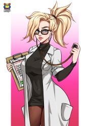 1girls big_breasts blizzard_entertainment blonde_hair breasts clothed clothed_female clothing doctor female female_focus female_only glasses kyoffie large_breasts long_hair mercy overwatch pantyhose ponytail solo stethoscope tight_clothing