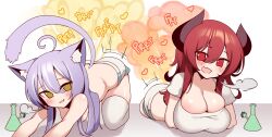 2girls actfourteen ahoge animal_ears animal_tail big_breasts blush cat_ears cat_tail catgirl cleavage demon_girl fart fart_cloud fart_fetish farting horns laying_down legwear looking_at_viewer monster_girl multiple_girls open_mouth purple_hair red_eyes red_hair smile tail thighhighs white_legwear white_thighhighs yellow_eyes