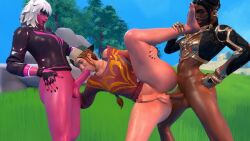 3d 3futas anal anal_penetration armor background black_hair black_skin blue_background blue_sky cap censored censored_penis closed_eyes feet feet_on_face fortnite fortnite:_battle_royale futa_only futanari grass harlowe_(fortnite) haven_(fortnite) licking_feet penis pink_skin rock sex shanta_(fortnite) spitroast sucking sucking_penis sweater tree tunnofun white_hair