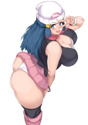 1girls alternate_breast_size ass ass_focus big_breasts blue_eyes blue_hair breasts cleavage clothing cyberboi dawn_(pokemon) female huge_ass human large_breasts looking_at_viewer panties peace_sign pokemon presenting_hindquarters slq solo solo_female standing v v_over_eye