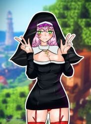 :) big_breasts black_cape breasts double_v elitecraft green_eyes lakshart lakshart_nia looking_at_viewer minecraft neckline nun peace_sign pink_hair red_bikini thick_thighs thighhighs thighs twitch twitter v youtube youtube_hispanic youtuber youtuber_girl