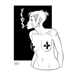 bald bald_female belly_button black_and_white casual cigarette covered_nipples earring earrings exposed_shoulders exposed_torso female female_focus female_only girl hair head_to_side human idw_comics idw_publishing pale_skin pasties plaster rebecca_buck roberto_serafini smoke smoking tank_girl taped_nipples upper_body vertigo_comics