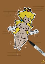 big_breasts blonde_hair body_writing bondage mario_(series) paper_mario paper_peach princess_peach sharpie tape tears wet