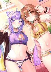 2girls absurdres animal_ears bone_hair_ornament bra breasts brown_eyes brown_hair cat_ears cat_girl cat_lingerie cat_tail cleavage dog_ears dog_girl dog_lingerie female frilled_bra frilled_panties frills hair_ornament highres hololive hololive_gamers hololive_japan inugami_korone meme_attire mugicho_(kdks5554) multiple_girls nekomata_okayu panties purple_eyes purple_hair tail underwear virtual_youtuber