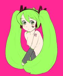 detached_sleeves eyebrows_visible_through_hair female green_hair hatsune_miku kutarmm medium_breasts pink_background solo tattoo twintails vocaloid