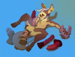 1boy anal anal_sex animal_dildo animal_sex_toy anthro antlers athletic athletic_anthro athletic_male balls big_balls biped bite biting_lip black_hooves blue_background blue_dildo blue_eyes brown_body brown_fur canine_dildo chest_tuft dildo dildo_in_ass dildo_insertion ear_piercing ear_ring equine_dildo erection fur gauged_ear genitals green_eyes hair hand_on_leg heterochromia hooves horn knotted_dildo lagomorph lying male male_only mammal medial_ring ninetht on_back penetration penis piercing pink_nose purple_dildo red_dildo ridged_dildo sex_toy sex_toy_in_ass sex_toy_insertion shadow simple_background solo spread_legs spreading tan_balls tan_body tan_fur tan_hair tapering_penis teeth tuft wings wolpertinger