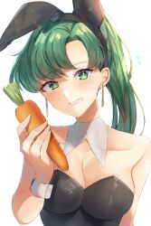 1girls alternate_costume animal_ears bangs bare_shoulders black_leotard breasts bunny_ears bunny_girl bunnysuit carrot commentary_request confusion detached_collar earrings edamameoka embarrassed eyebrows_visible_through_hair fake_animal_ears female female_only fire_emblem fire_emblem:_the_blazing_blade green_eyes green_hair highres holding holding_carrot jewelry leotard long_hair looking_at_viewer lyn_(fire_emblem) lyndis_(fire_emblem) medium_breasts nintendo playboy_bunny ponytail rabbit_ears smile solo strapless strapless_leotard very_long_hair wrist_cuffs