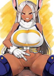 1girls big_breasts breasts bunny_ears censor_bar censored eye_contact female female_on_top gloves hiiro_h long_hair looking_at_viewer miruko my_hero_academia penis red_eyes rumi_usagiyama sex vaginal_penetration vaginal_sex white_hair