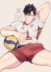 ball big_penis boy clothed gay haikyuu!! kuroo_tetsurou nipples sitting smirk sport spread_legs volleyball volleyball_uniform yaoi