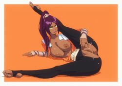 1girls absurd_res anus areolae ass big_ass big_breasts bleach breasts breasts_out clothed clothed_female clothes clothing dark-skinned_female dark_skin female female_focus female_only flou high_resolution highres large_breasts leggings legs_up long_hair long_labia looking_at_viewer nipples ponytail purple_hair pussy shaved_pussy shihouin_yoruichi showing_tongue stirrup_legwear stretching tight_clothing tongue tongue_out torn_clothes torn_leggings vulva yellow_eyes