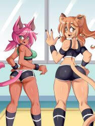 2girls animal_ears ass big_ass big_breasts female goya_(lucyfercomic) green_eyes gym_clothing looking_over_shoulder lucyfercomic multiple_girls nikka_(lucyfercomic) original original_character original_characters pink_hair sports_bra tagme tagme_(character) tail viewed_from_behind