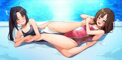 2girls bangs barefoot black_hair blue_swimsuit blush breasts brown_eyes brown_hair clenched_teeth commission competition_swimsuit covered_navel eyebrows_visible_through_hair hair_ribbon hand_on_another's_leg highleg highleg_swimsuit hisakabe_oto idolmaster idolmaster_cinderella_girls legs long_hair lying medium_breasts mizumoto_yukari mizuno_midori multiple_girls nose_blush one-piece_swimsuit open_mouth orgasm parted_bangs pink_ribbon pink_swimsuit pussy_juice ribbon skeb_commission sweat swimsuit teeth tribadism tribadism_through_clothing wince yuri