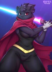 anthro artist_name black_body black_fur black_hair black_nose black_pants black_shirt breasts cat_humanoid clairen_(rivals_of_aether) cloak clothed clothing complextree eyebrows eyelashes feline feline_humanoid female female_only fur furry furry_only gloves hair_accessory holding_lightsaber holding_weapon lightsaber pantherine pantherine_humanoid pants red_cape red_cloak red_eyes rivals_of_aether shirt solo solo_female tagme tuft weapon white_gloves white_sclera