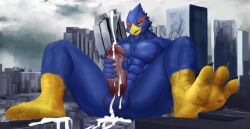 2022 absurd_res anthro avian balls bird blue_body bodily_fluids building bulge city closed_eyes cum destruction falco_lombardi feet foot_fetish genital_fluids genitals hi_res macro male male_only masturbation muscular muscular_anthro muscular_male nintendo nude penis sitting solo solutionwcs star_fox vein veiny_penis video_games