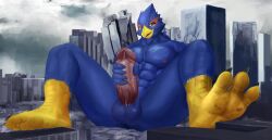 2022 absurd_res anthro avian balls bird blue_body bulge city falco_lombardi genitals hi_res macro male male_only masturbation muscular muscular_anthro muscular_male nintendo nude penis solo solutionwcs star_fox vein veiny_penis video_games