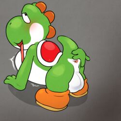 1:1 absurd_res anal_vore anthro anus argon_vile ass backsack balls ballsack bent_over blush clothing digital_media_(artwork) dinosaur footwear genitals green_yoshi hi_res male mario_(series) mostly_nude nintendo open_mouth reptile same_size_vore scalie shoes simple_background soft_vore solo spread_anus spread_ass spread_butt spreading stomach_bulge tongue tongue_out video_games vore yoshi