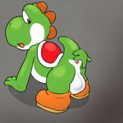 1:1 absurd_res anthro anus argon_vile ass backsack balls ballsack bent_over clothing digital_media_(artwork) dinosaur footwear genitals green_yoshi hi_res looking_back male male_only mario_(series) mostly_nude nintendo open_mouth reptile scalie shoes simple_background solo spread_anus spread_ass spread_butt spreading video_games yoshi
