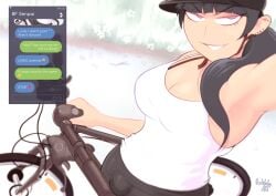 1futa armpit bangs bicycle big_breasts bike black_hair bra breasts bulge clothed clothing dutch_angle ear_piercing embarrassed embarrassed_futa fully_clothed futa_only futanari hat human large_breasts light_skin long_hair looking_at_viewer micropenis parkdale ponytail secretly_loves_it selfie small_penis small_penis_humiliation solo tank_top text texting tiny_penis trans_woman transfem