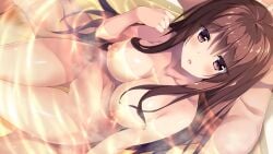 1boy bangs blush bosei_kanojo_-shikyuu_kikan-hen- brown_eyes brown_hair censored collarbone completely_nude cowboy_shot eyebrows_visible_through_hair female game_cg hair_between_eyes long_hair mixed_bathing mosaic_censoring navel nipples nude open_mouth oryo_(oryo04) oryou shiny shiny_hair straight straight_hair tachibana_miori thigh_gap very_long_hair