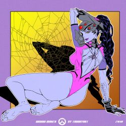 1girls barefoot dark_hair feet female female_only looking_at_viewer overwatch ponytail purple_skin solo spider_tattoo tadory tattoo widowmaker