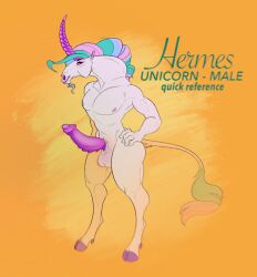 anthro balls biped blue_hair blue_tail english_text equid equine erection fur genitals green_hair green_tail hair hand_on_hip hooves horn male mammal model_sheet multicolored_tail ninetht nipples orange_background penis pink_hair pink_nipples pink_tail purple_eyes purple_hooves purple_horn purple_penis ribbed_horn simple_background smile solo standing tail_tuft text tuft unicorn white_balls white_body white_fur white_tail