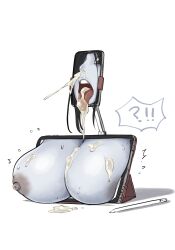 cellphone cum cum_on_breasts cum_on_face cum_on_tongue large_breasts simple_background stylus table the_ring white_background yamamura_sadako