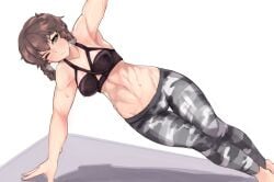 abs amane_suzuha athletic athletic_female braided_hair brown_hair exercise exercise_clothing female female_only fluffy_hair jonyeld muscular muscular_female solo sports_bra steins;gate steins;gate_0 sweat sweatdrop twin_braids workout_clothes yoga_pants