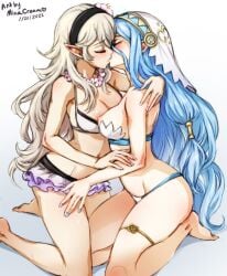 2girls alternate_costume azura_(fire_emblem) back bare_back bare_legs bare_thighs barefoot bikini bikini_skirt blue_hair blue_nails breasts breasts_out closed_eyes corrin_(fire_emblem) corrin_(fire_emblem)_(female) corrin_(summer)_(fire_emblem)_(female) cousins female female_only fire_emblem fire_emblem_fates fire_emblem_heroes flower flower_necklace grey_hair hair_between_eyes hair_flower hairband hug incest kissing kneeling light_blue_hair minacream multiple_girls nail_polish nintendo nipples official_alternate_costume pointy_ears small_breasts swimsuit thighs very_long_hair white_bikini white_hair white_swimsuit yuri