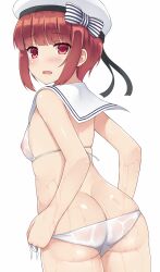 areolae ass ass_cleavage bikini blush breasts butt_crack covered_nipples cowboy_shot eyebrows eyebrows_visible_through_hair female from_behind hat highres kantai_collection looking_back mizunashi_kenichi open_mouth petite red_eyes sailor_bikini sailor_collar see-through short_hair side-tie_bikini small_breasts solo swimsuit wet white_background white_bikini white_headwear z3_max_schultz_(kantai_collection)