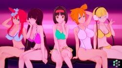 5girls bikini black_hair blonde_hair blue_eyes breasts clothing elesa_(pokemon) erika_(pokemon) female female_only huge_breasts illusion_soft kasumi_(pokemon) large_breasts legs legs_together long_hair multiple_girls navel nipples one-piece_swimsuit one_eye_closed orange_hair pokemon pokemon_bw pokemon_rgby ponytail red_hair sabrina_(pokemon) short_hair side_ponytail skyla_(pokemon) smile swimsuit thighs white_swimsuit wink