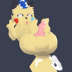 absurd_res balls beeb bodily_fluids clothing coalava cum cum_on_ground cum_on_penis cum_on_tail erection feral fur furry furry_only genital_fluids genitals gesture hat headgear headwear hi_res knot male male_only nintendo party_hat penis pikachu pokémon_(species) pokemon pokemon_only simple_background solo tail tongue tongue_out v_sign video_games