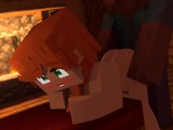 1boy 1girls 3d alex_(minecraft) animated ass bed beveledblock blush green_eyes leaning_forward mine-imator minecraft no_sound nude orange_hair sex square_head steve_(minecraft) tagme video